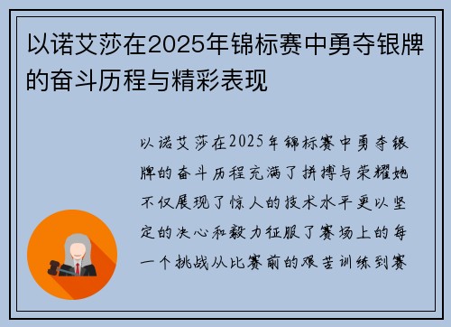 以诺艾莎在2025年锦标赛中勇夺银牌的奋斗历程与精彩表现